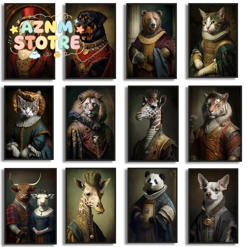 (2D canvas painting)  Renaissance European Aristocrat  Giraffe Tiger Highland Cow Cat Tiger Dog Poster Print Canvas Painting