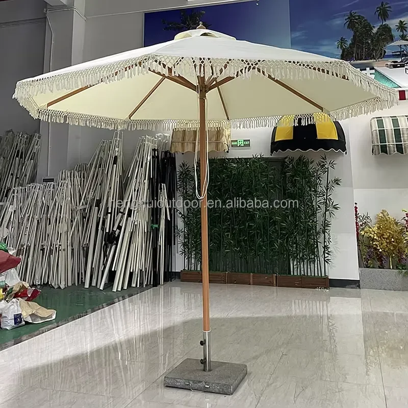 Vintage White Lace Beach Umbrella with Tassel Trim Aluminum Frame Wooden Rod Bali Style Parasol for Outdoor Sun Protection