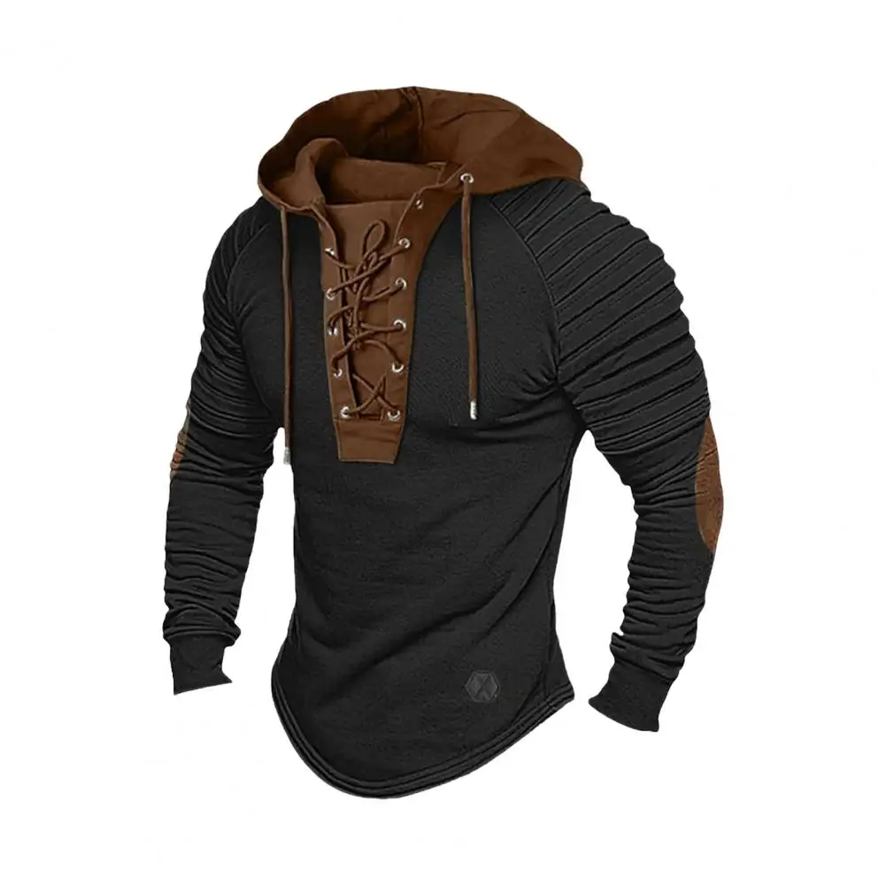 

Daily Hoodie Vintage Lace-up Drawstring Men's Hoodie with Pleated Shoulders Soft Stretchy Breathable Daily Top Men Retro Hoodie