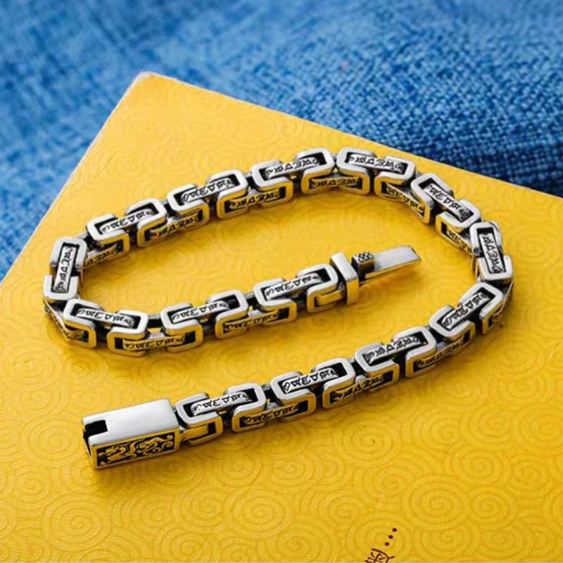 S925 Sterling Silver Six Word Truth Bracelet Male Retro Ethnic Style Old Thai Silver Jewelry Trend Bracelet Gift For Boyfriend