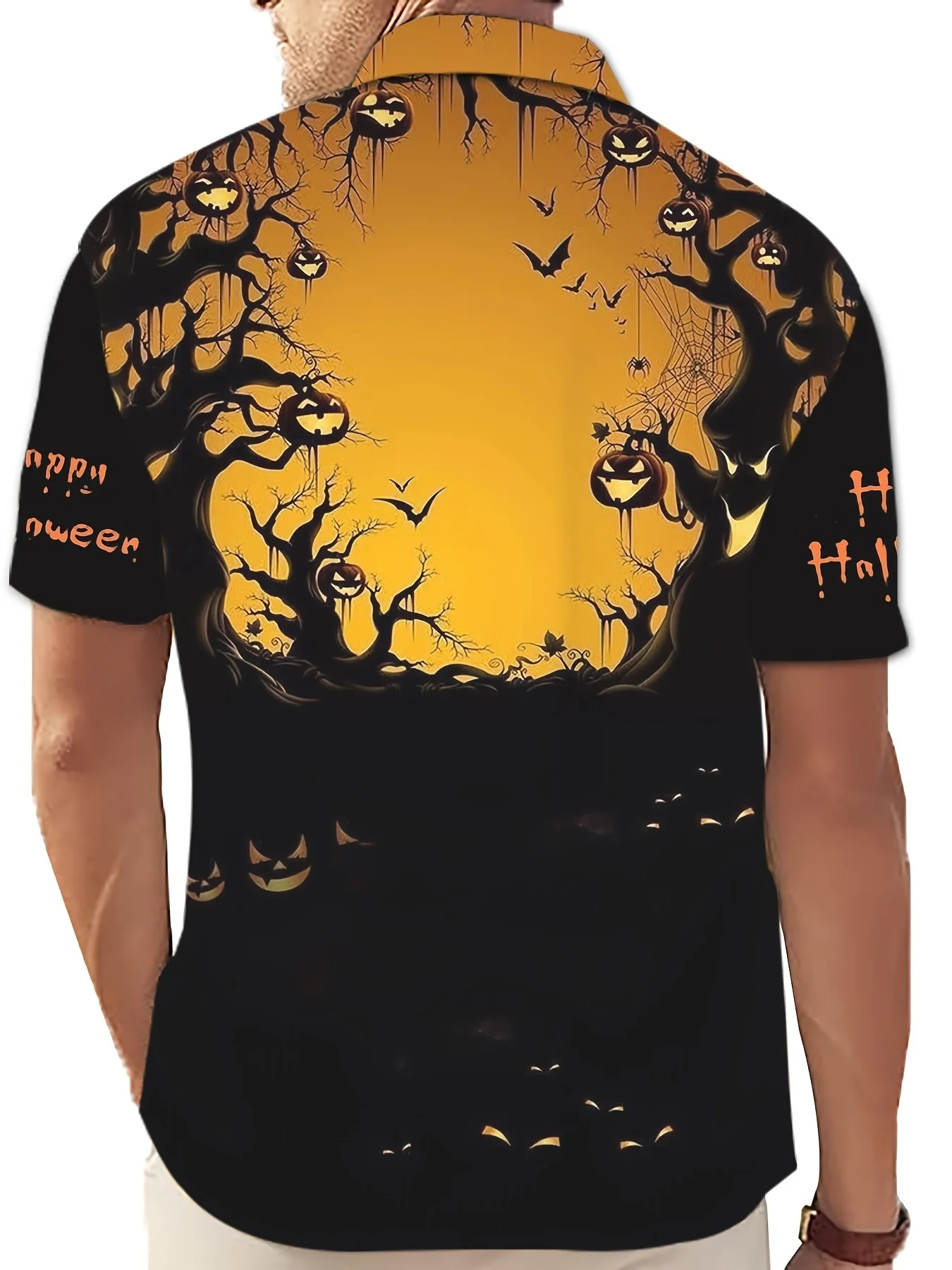 Unisex Loose Button Down Shirt Halloween Pumpkin Dead Tree Bat Graphic Print Camp Collar Short Sleeve Party Leisure Tops