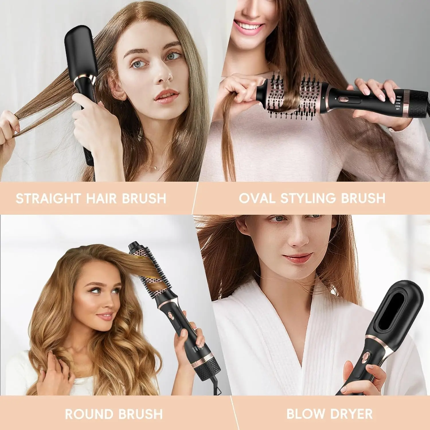Hot Air Brush Set Including Thermal Round Brush, Blow Dryer Brush and Hair Dryer