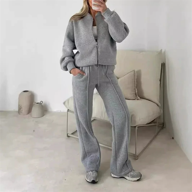 

2025 Sweatshirt Two-piece Suit Women's Casual Sports Sets Autumn Winter Zip-up Short Coat Straight Trousers 2-piece Sets S-5XL