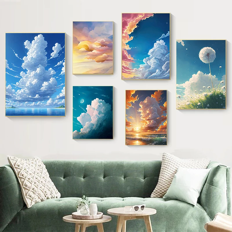 Romantic Fluffy Clouds Sky Posters Minimalist Fantasy Peaceful Sunny Prints Canvas Painting Wall Art Pictures Home Bedroom Decor