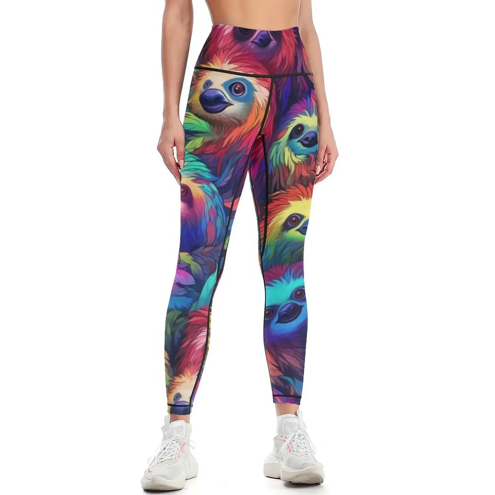Slothful Delights: Embrace Colorful Whimsy with our All-Over Sloths Print Collection Leggings legging gym Womens Leggings