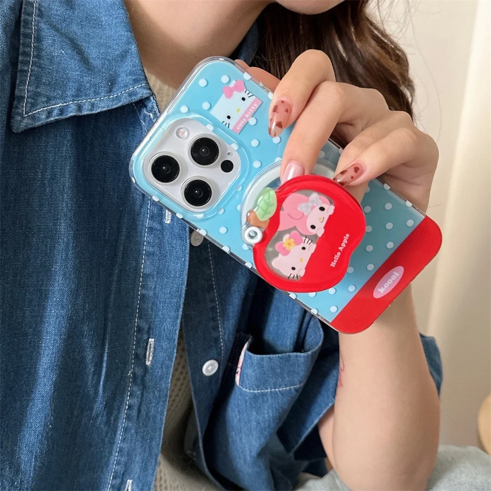 

Simple polka dots cute Hellokitty Melody magnetic stand phone case for iPhone 13 15 14 16 Pro Max cover with mirror Lovely cover