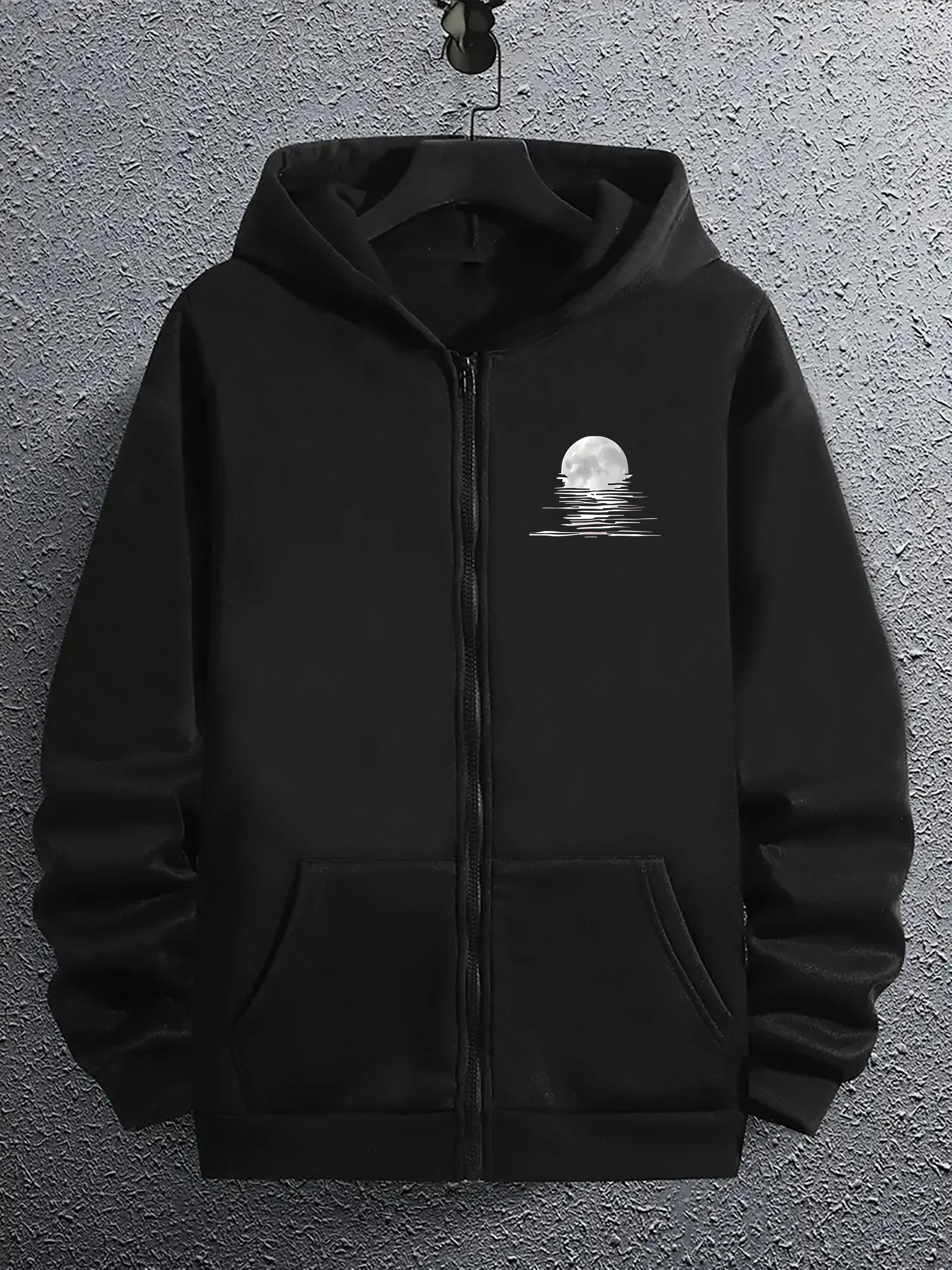 Men's and women's long sleeved loose zip hoodie with moon and reflection pattern print, warm and comfortable fabric