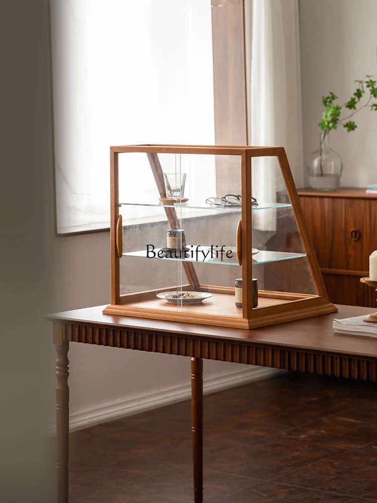 Retro Solid Wood Display Cabinet Made of Glass Coffee Shop Baking Desktop Oblique Display Storage Cabinet