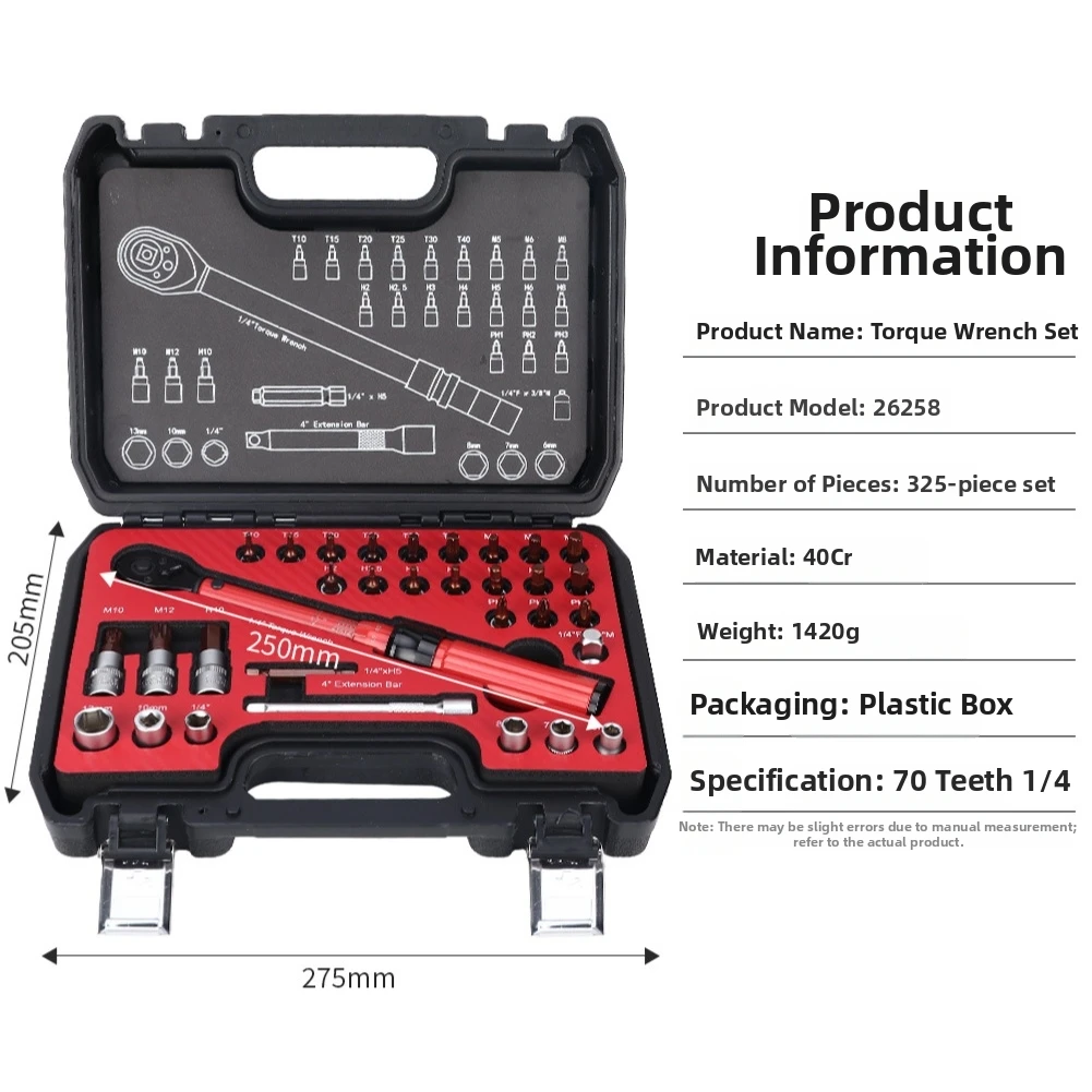 Adjustable Torque Wrench Set 32 Pieces Featuring 1/4-Inch Drive Ratchet with 70 Tooth Design and 2-24 Nm Range