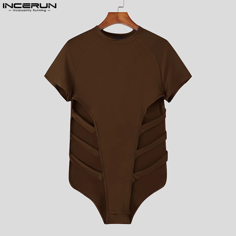 INCERUN, monos para hombre de Color sólido con cuello redondo, manga corta, peleles sexis calados para hombre, ropa de calle, mono ajustado de moda para hombre 2025