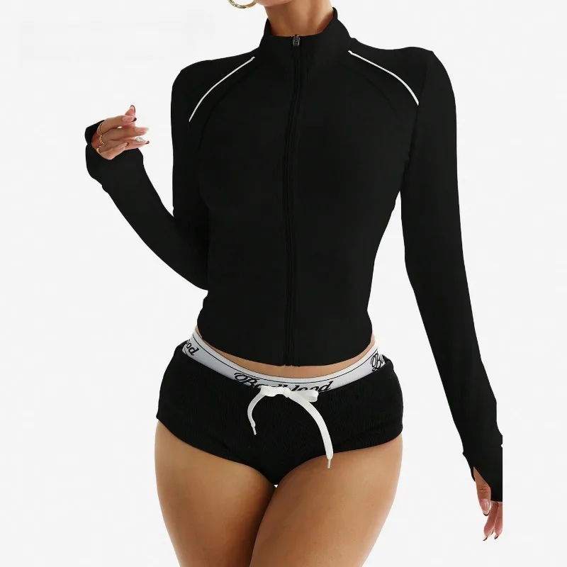 سترة اليوغا النسائية كتلة اللون البريدي الأمامي اقتصاص سترة طويلة الأكمام اللياقة البدنية أعلى الخصر Cinching عارضة أنيقة الرياضة إلى طبقة الشارع #3