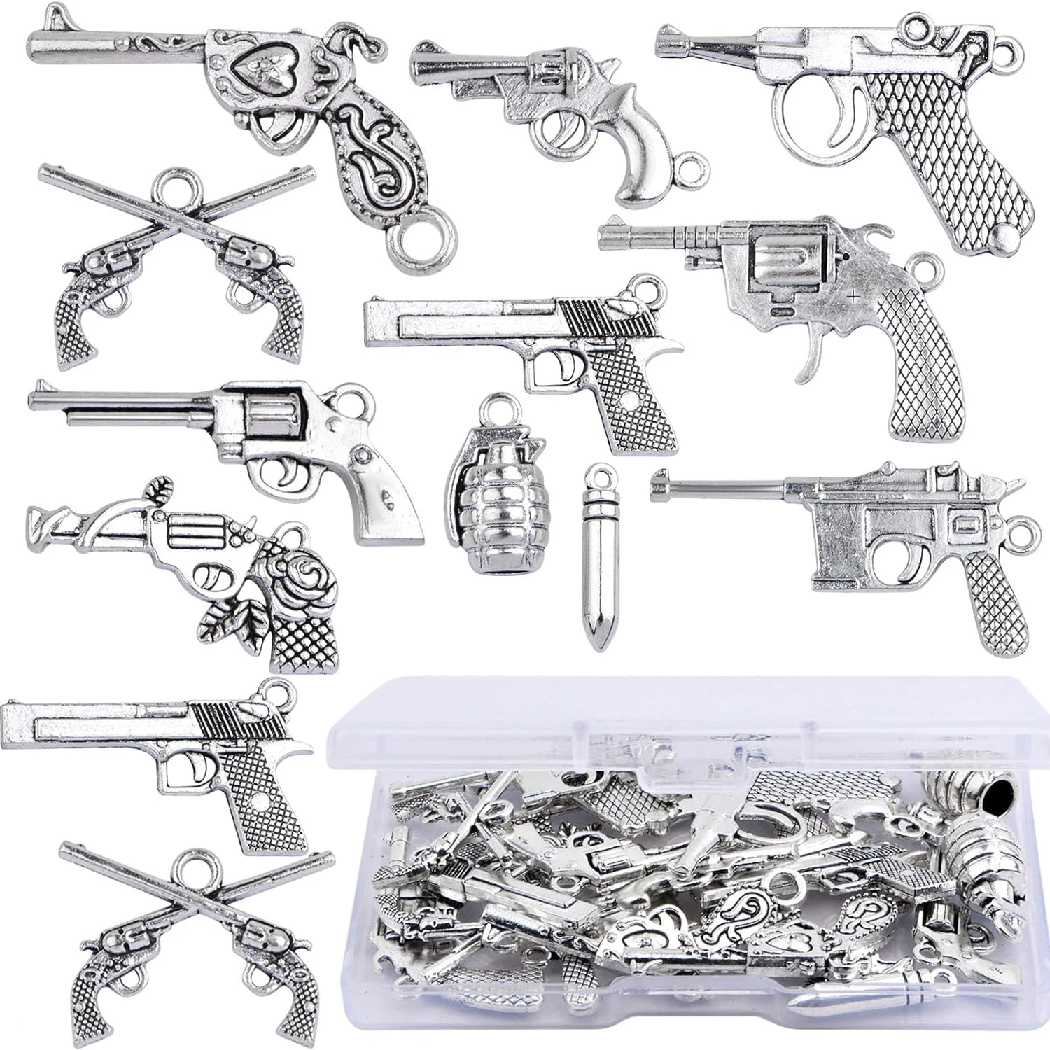 

100 граммов антикварных серебряных подвесок-брелоков в виде пистолета и пуль с коробкой для изготовления ожерелий, браслетов и ювелирных изделий своими руками