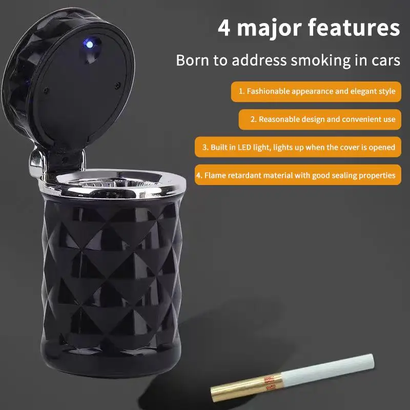 Portable Car Ashtray With LED Light Fireproof ABS Diamond Cut Design For Home Travel Use