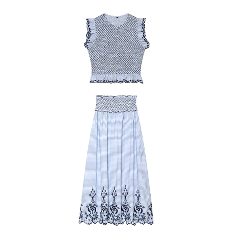 Lässige Sommer-Midirock-Sets für Damen, neue Mode, Oberteile mit fliegenden Ärmeln und Rundhalsausschnitt, A-Linien-Rock mit Lochstickerei, Damen-Outfit