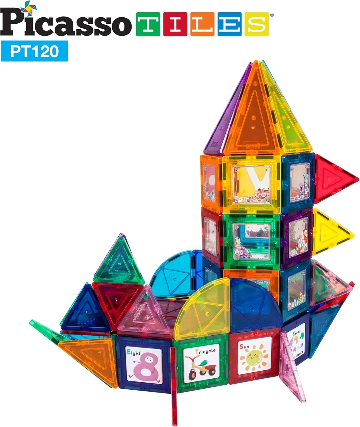 120pc Master Builder Magnetic Building Block Construction Set Toy Blocks with Ferris Wheel, Castle Click-in, 28 Educational Alph