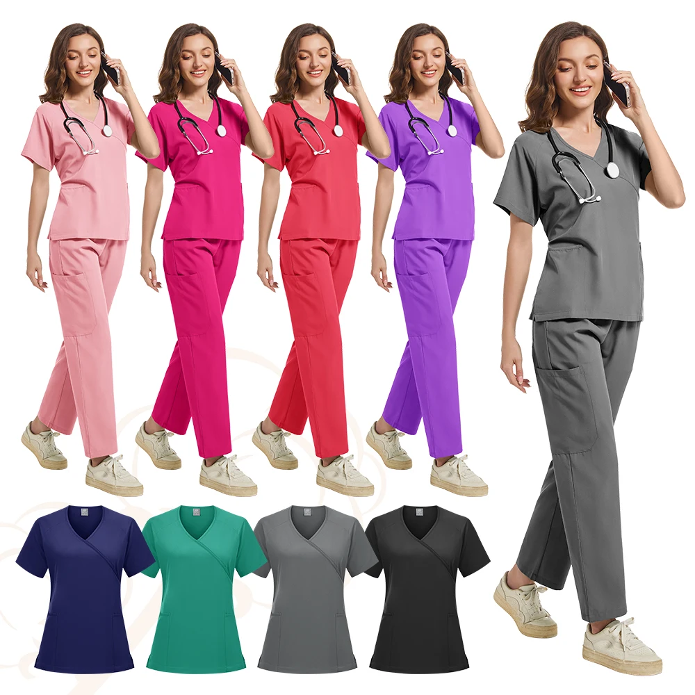 New Scrubs Set Medical Uniforms Stretch Scrub Tops with Pocket Pants Nurse Uniform Doctor Surgery Overalls Beauty Salon Workwear