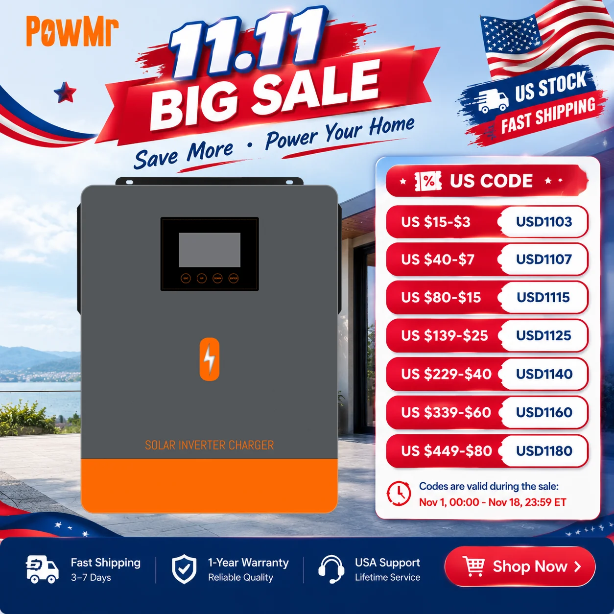 PowMr 13.2kW 220V Hybrid Solar Inverter 48V Pure Sine Wave Built in MPPT 160A Charger Li-BMS Compatible with Dual Output UPS Mode Smart Protection Off-Grid Solar Sytem for Home