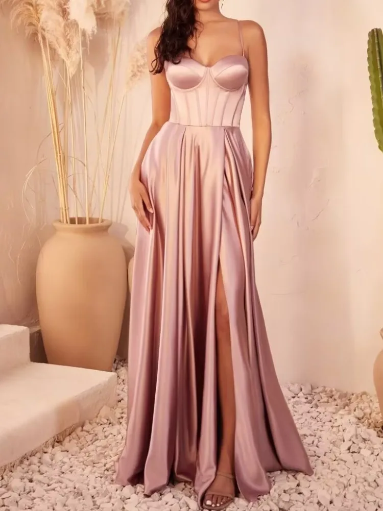 Customized Temperament Satin Evening Dress Vestidos Slit Elegant De Noche Simple Evening Robe Party Wedding Dresses Vintage Prom