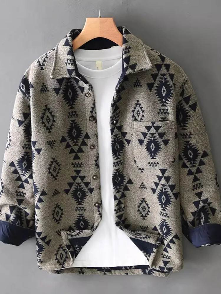 

Retro Ethnic Geometric Pattern Long Sleeve Men's Shirt Loose Fit Thickened Collar Jacket Outerwear Versatile Style 2025 New A...