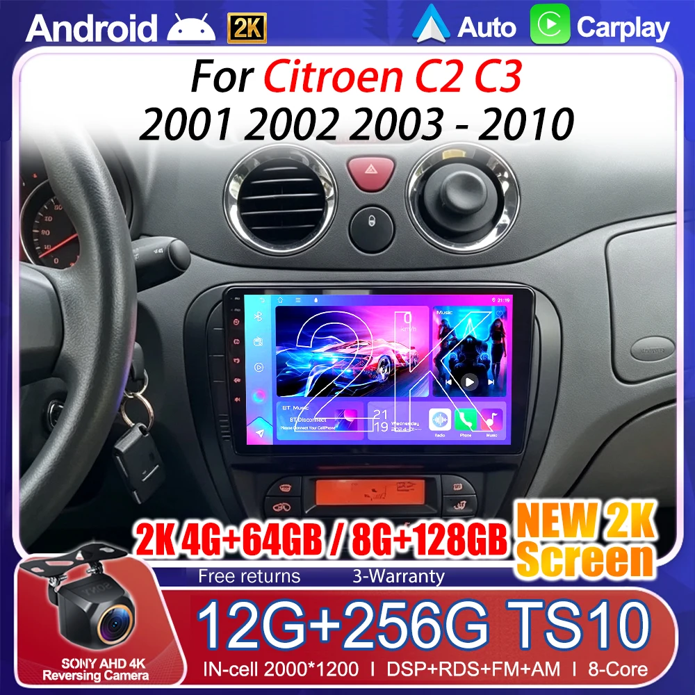 Rádio Automotivo Android 16 para Citroen C2 C3 2001 2002 2003 - 2010 com Tela Sensível ao Toque, Reprodutor Multimídia de Vídeo, Navegação, Bluetooth, WIFI e GPS