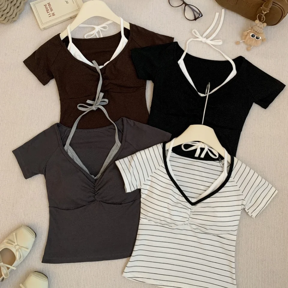 Summer New Style Sexy Girl Short Sleeve T-Shirt V-Neck Color Block Slimming Fixed Band Chest Pad Women's Fashion Top