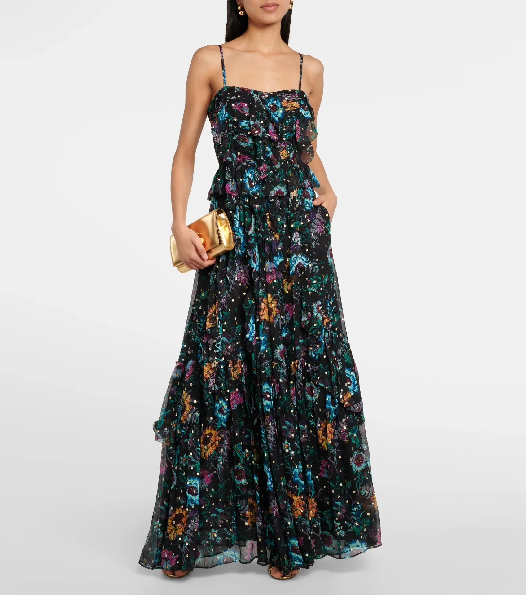 

Women Flower Printed Strapless Multi-layer Ruffles Silk Sling Maxi Dress