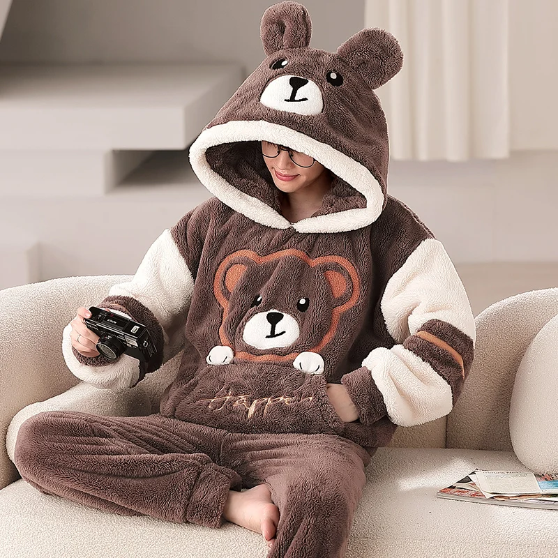 M-3XL Cute Animal Hooded Pajamas For Men\'s Winter Pajama Sets Nightwear Long Sleeve Thicken Warm Flannel Soft Sleepwear 커플잠옷 2PC