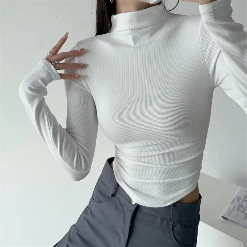 

2025Модная женская облегающая базовая рубашка с высокой талией и боковыми рюшами Pure Desire, сексуальный топ с высоким воротником и длинными рукавами