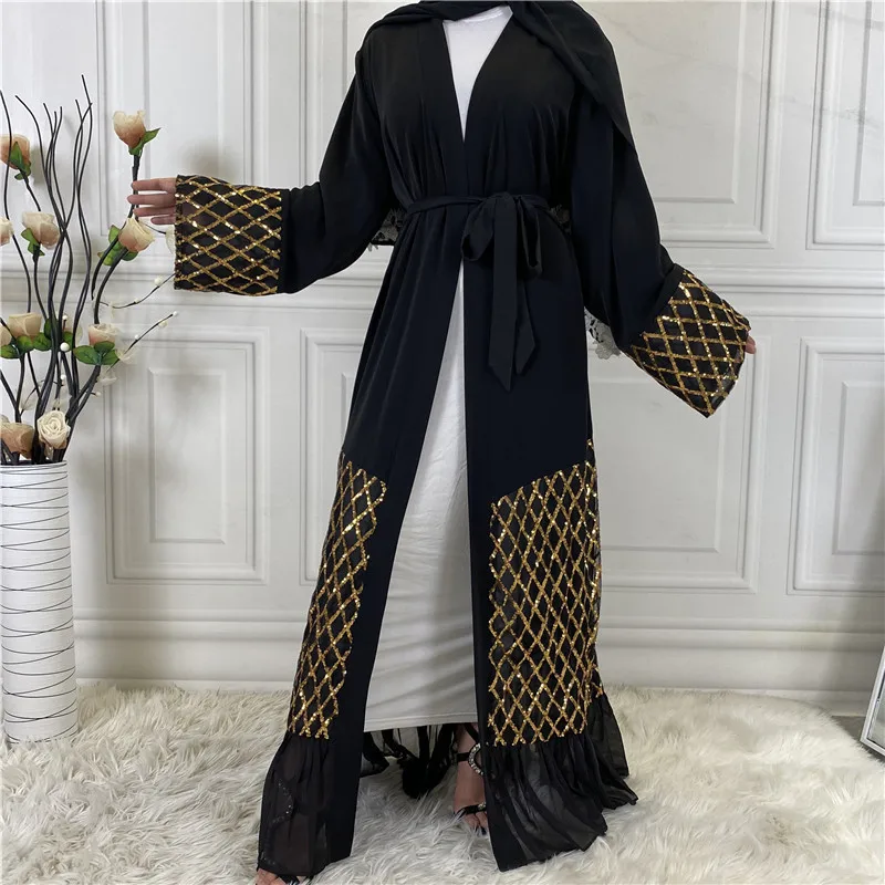 

Eid Muslim Dress for Women Hooded Abaya Sequin Embroidered Outerwear Robe Dubai Women's Chiffon Cardigan Kimono Islamic Clothing