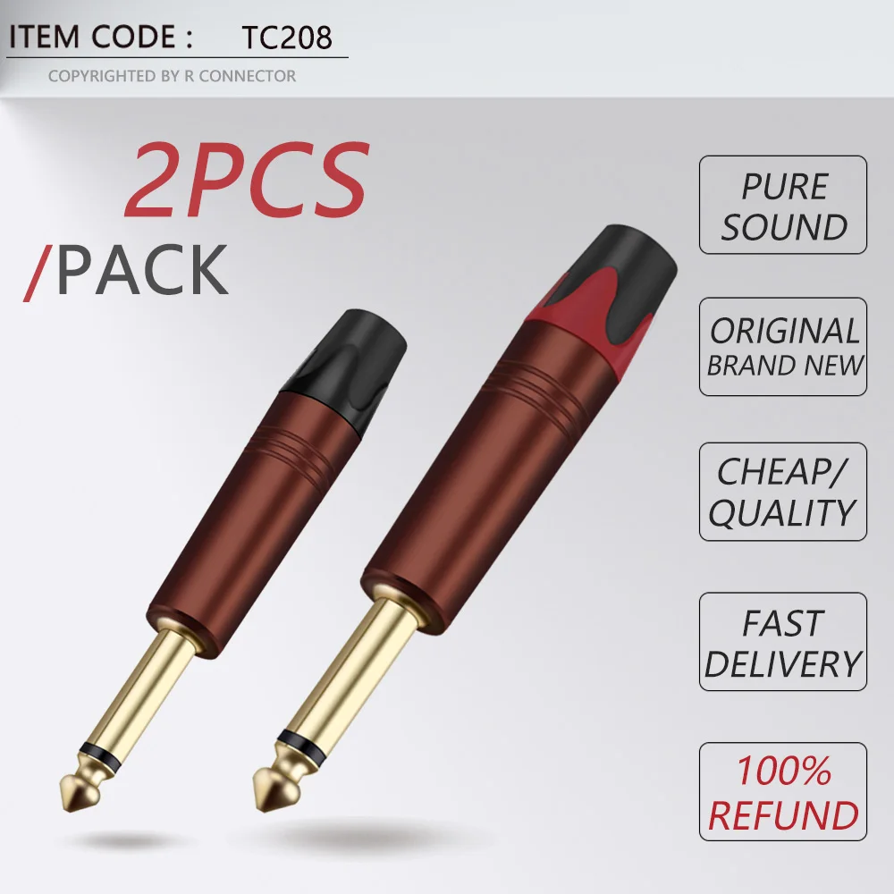 2PCS Mono 6.35MM Jack Connector For Amplifier Microphone Brass Gold Plated 6.3MM Jack 1/4 Male Plug Connector