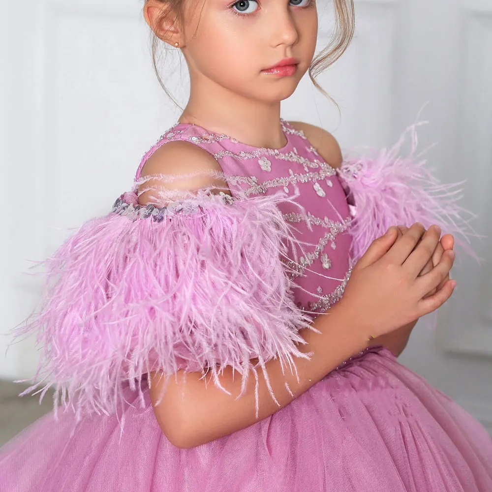 Paillettes Flower Girl Dress For Wedding 2024 Pink Feather Tulle Puffy Ball Gown Kids Birthday First comunione Party Dress