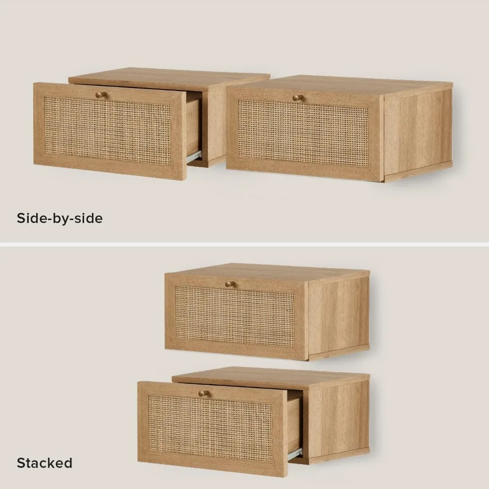 mopio Hannah Floating Nightstand, Natural Rattan Farmhouse Boho Wall Mounted Space Saving Bedside Tables, Nightstands, Drawer wi