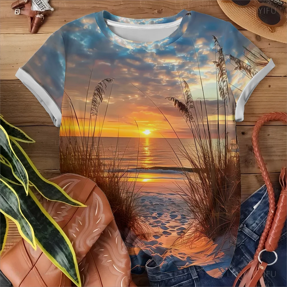 

Ocean Sunset Blue Pattern Women's T-shirt - Summer Casual Fashion Comfortable Short Sleeve Top Inspired By Nature Y2k Tops