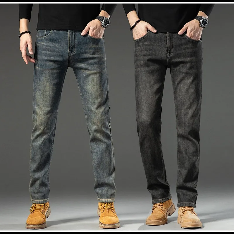 

Retro American Elastic Denim Jeans Men's Loose Casual Workwear Trousers Wear-resistant Low Waist Dstring Casual Jeans