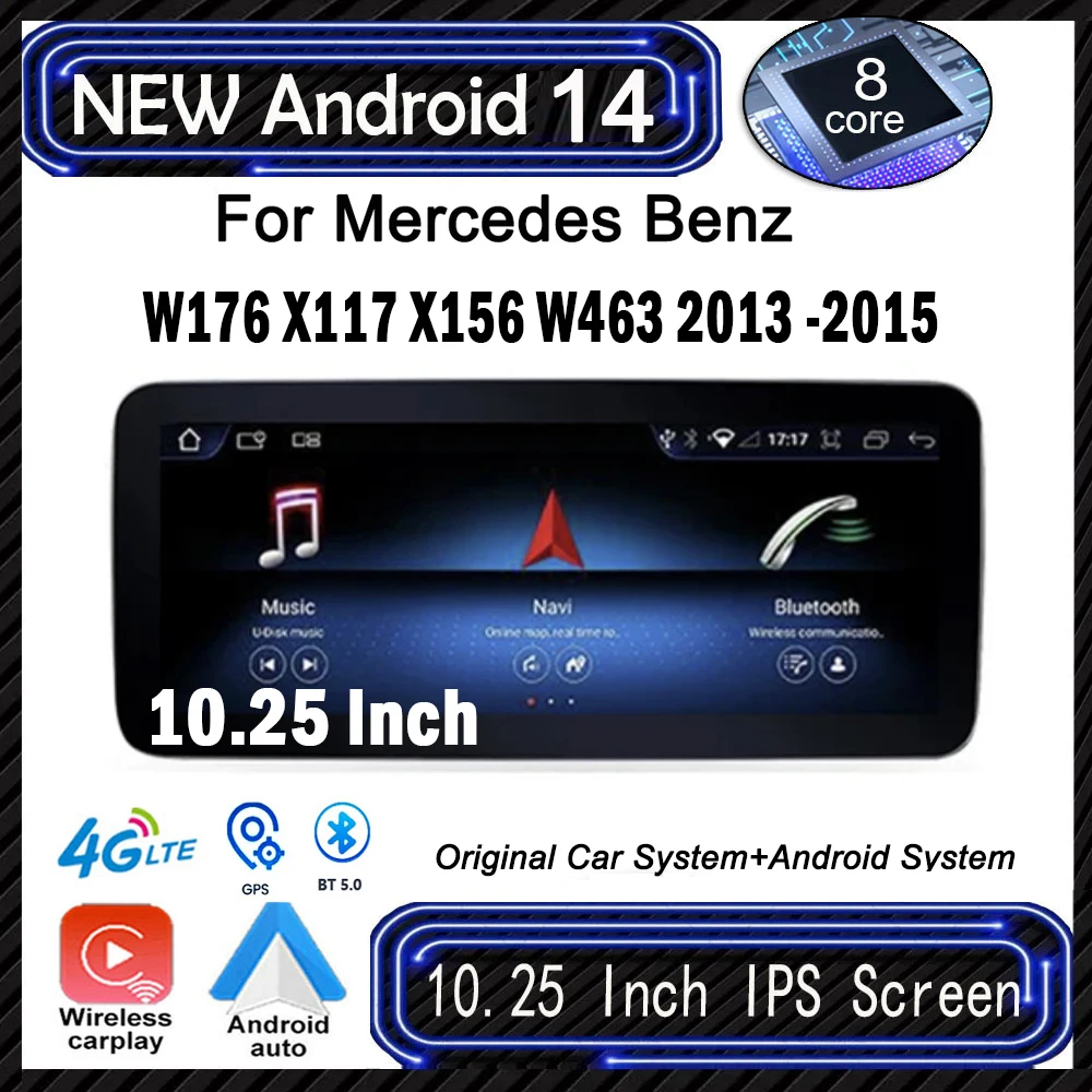 IPS Touch Screen Android 14 Carplay Auto Stereo GPS Navigation Video Radio For Mercedes W176 X117 X156 W463 2013 - 2015 NTG 4.5