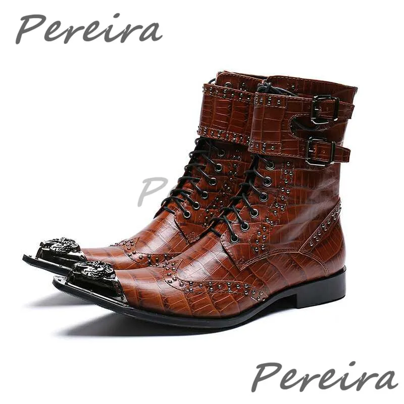 

Men's Metal Pointed Toe Long Boots Brown Buckle Rivet Lace-Up Chelsea Boots Genuine Leather Fashion Party Banquet Dress Shoes