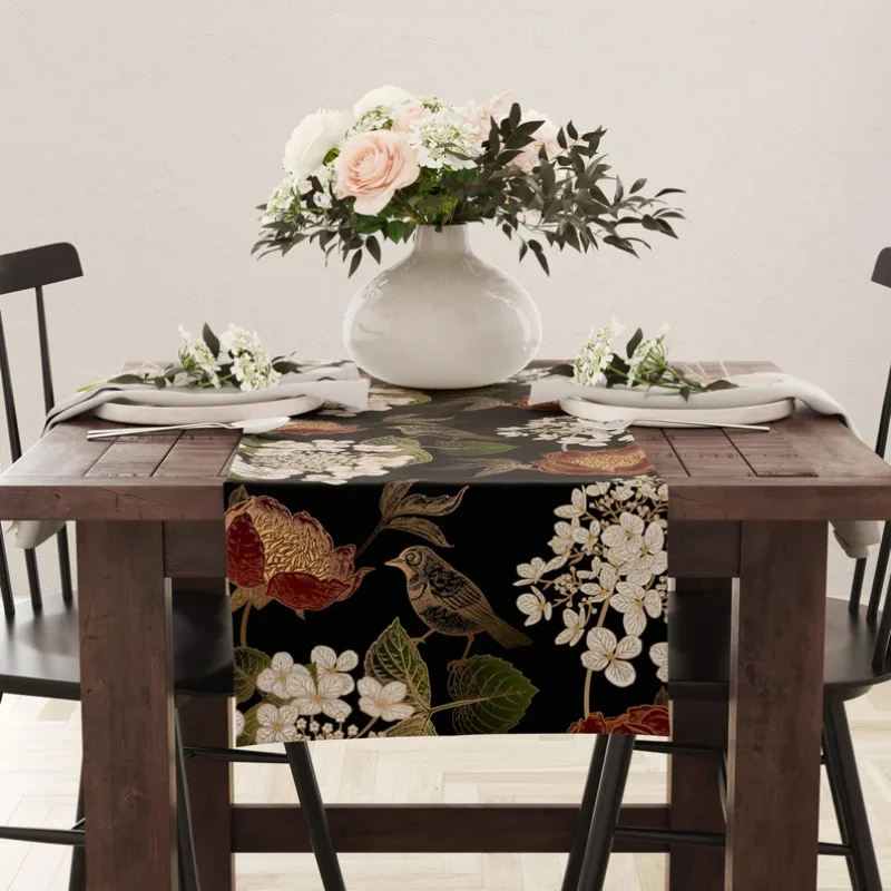 VIKAMA Chemin de table en velours noir, broderie florale et d'oiseaux de luxe, décoration de cuisine et salle à manger, style ferme moderne, pour mariage et fête