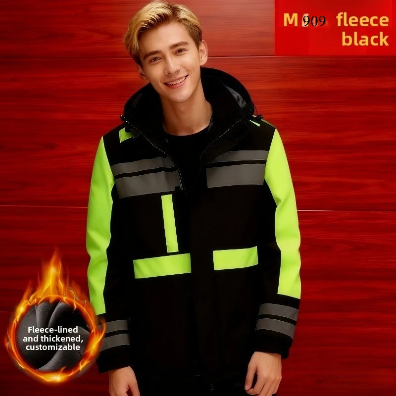 New Long Winter Work Jacket, Waterproof Windproof Reflective Thermal Coat with Fleece Lining, Stain Resistant