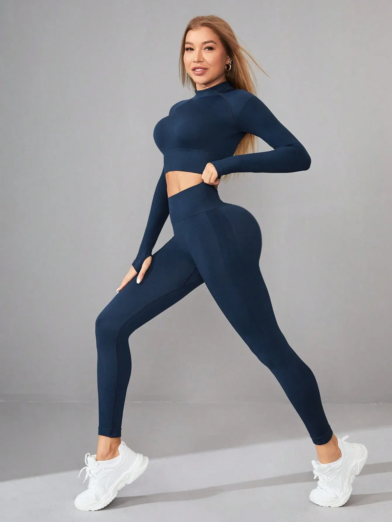 Conjuntos de treino femininos de 2 peças ocultos scrunch levantamento de bunda leggings sem costura manga comprida tops curtos de ioga