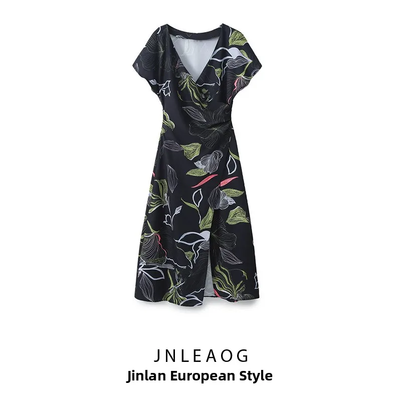 Vestido Midi de Satén de Seda con Estampado Moderno JNLEAOG, Estilo Urbano Otoñal, Manga Corta, Cuello en V, Falda en Línea A