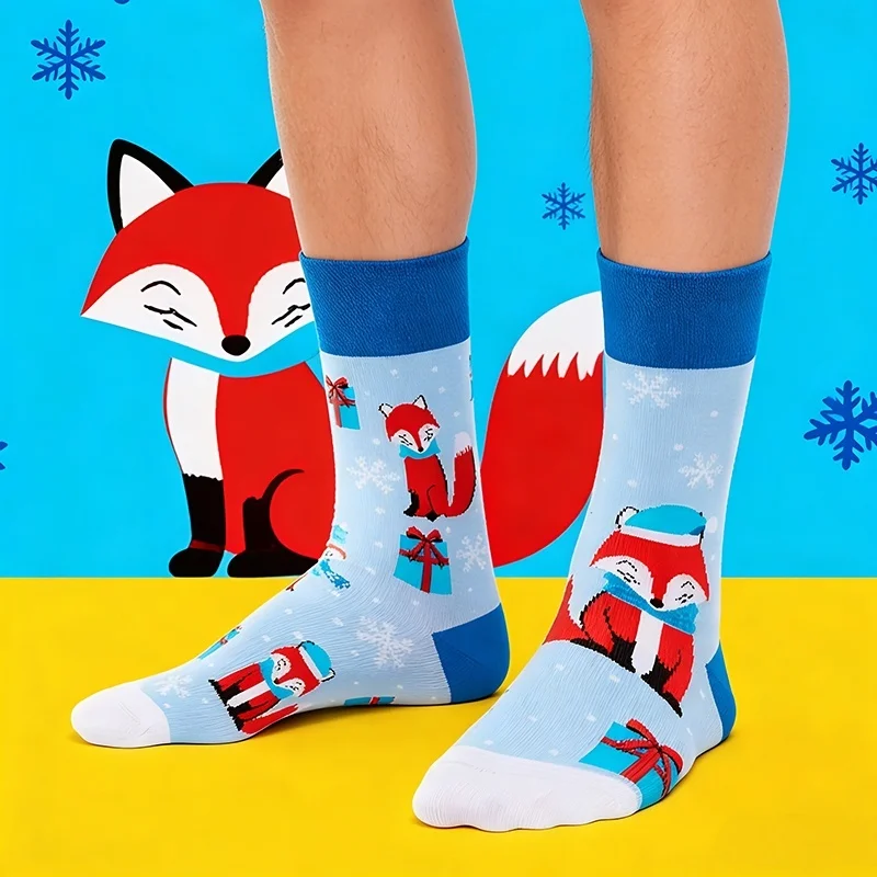 1 pair Adorable Fox Pattern Socks - Light Blue Contrast Mid-Calf Socks, Men's Casual Fashion Socks