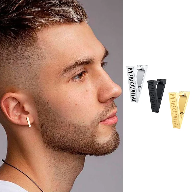 Pendientes de aro vikingos nórdicos para hombre, aros Huggie triangulares geométricos de acero inoxidable impermeables