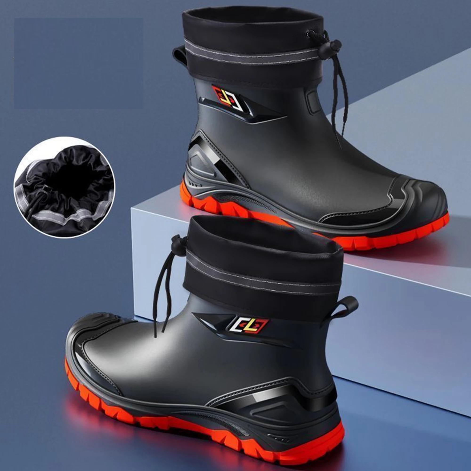 Outdoor Work British Style Anti Slip Waterproof Drawstring Drum Mouth Four Season Universal Men's Rain Boots