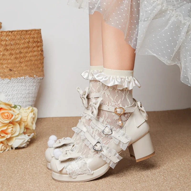 

YQBTDL милые туфли-лодочки принцессы в стиле Лолиты с галстуком-бабочкой на высоком каблуке, круглые женские свадебные белые туфли на платформе для девочек, 2025 г.