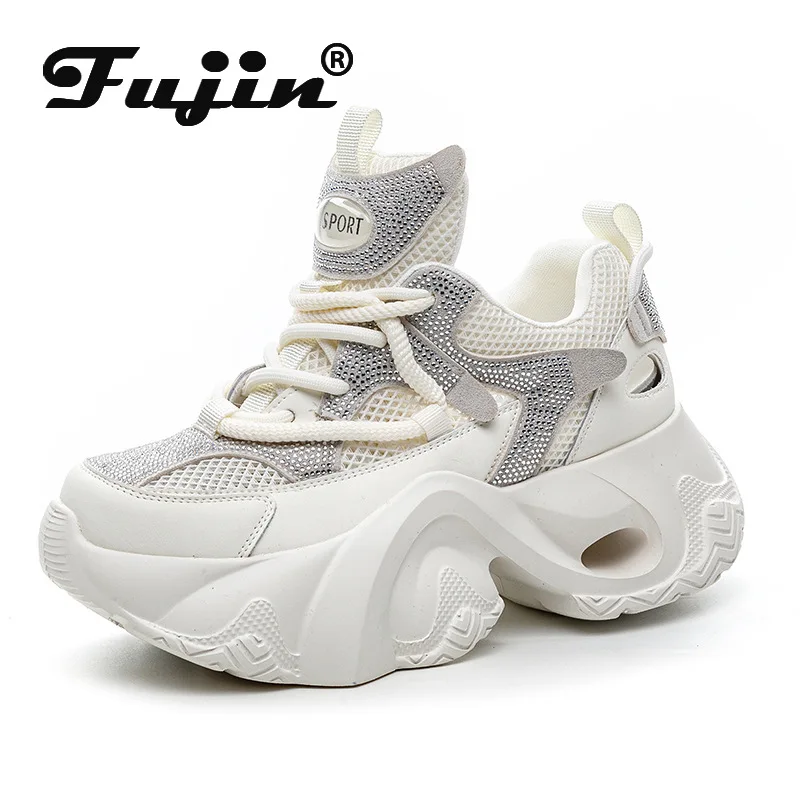 

Fujin 7cm Air Mesh Synthetic Microfiber Flats Women Chunky Sneakers Bling Slippers Platform Wedge Genuine Leather Sandals Shoes