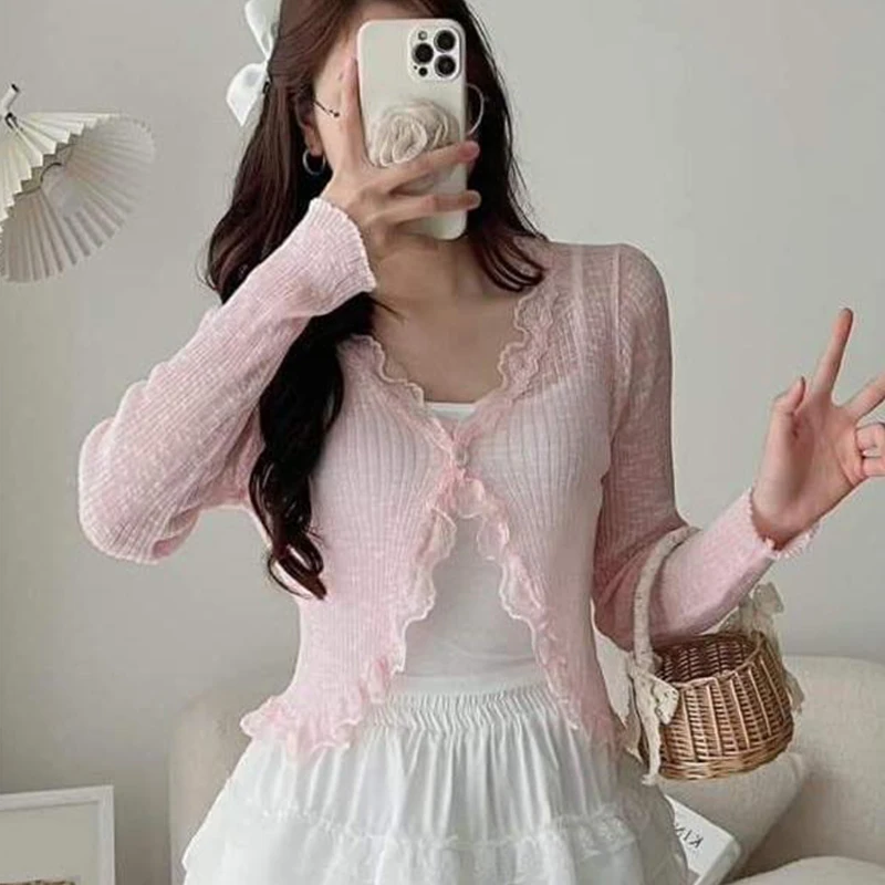 Summer Korean Women's Solid Color Lace V-neck Long Sleeve Knitted Sunscreen Cardigan