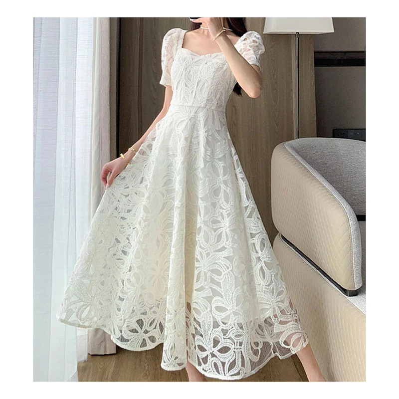 Large lace dress, summer French style, gentle style, square neck, bubble sleeves, long  vestido feminino  LOOSE FIT