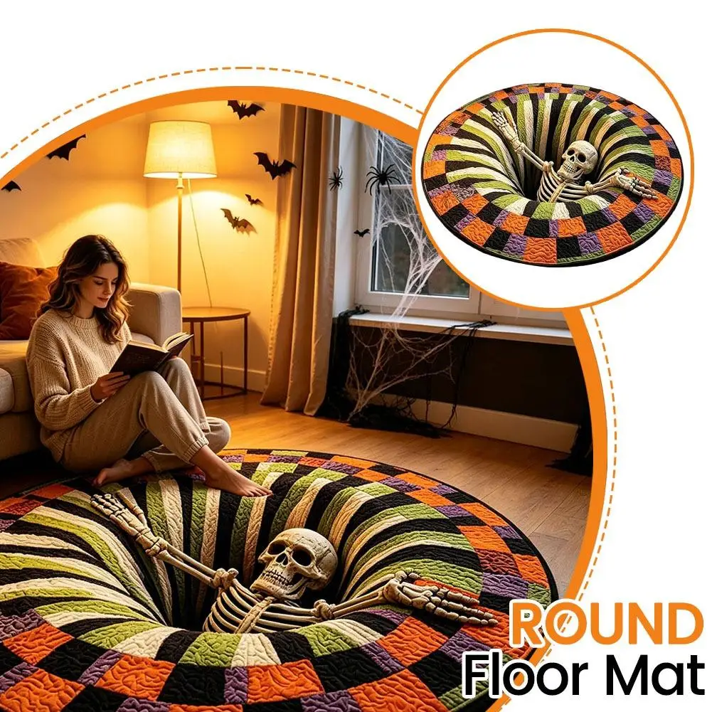 3D Flat Vision Skull Round Floor Mat Halloween Funny Round Floor Mat Halloween Atmosphere Home Decoration High Quality Floor Mat