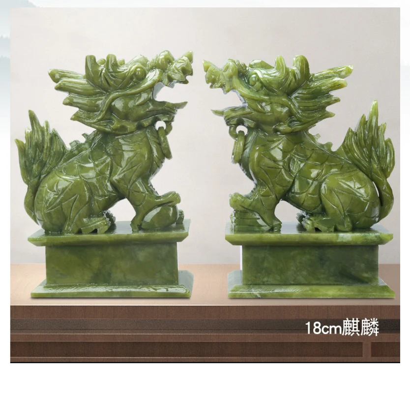 18CM A Pair 100% Natural China Green Jade Carved Fengshui Kylin Qilin Chi-lin Beast