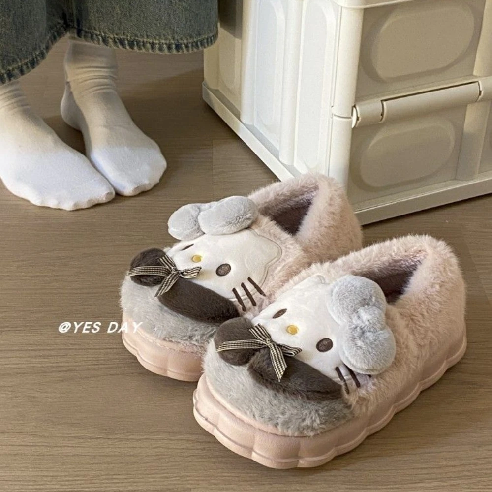 Miniso sandal Hello Kitty lucu, sandal katun pita musim gugur musim dingin sol EVA hangat trendi sepatu rumah mewah